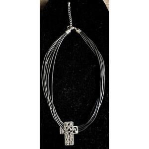 Vintage Black 9 Strand Rubber Silver Stone Statement Cross Necklace 18"